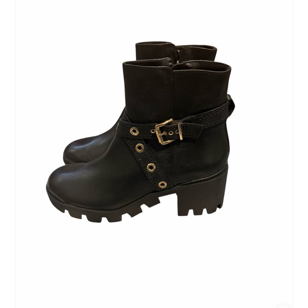 Schutz Cinder Block-Heel Moto Boots.  Black Ankle Boots with Gold Buckle